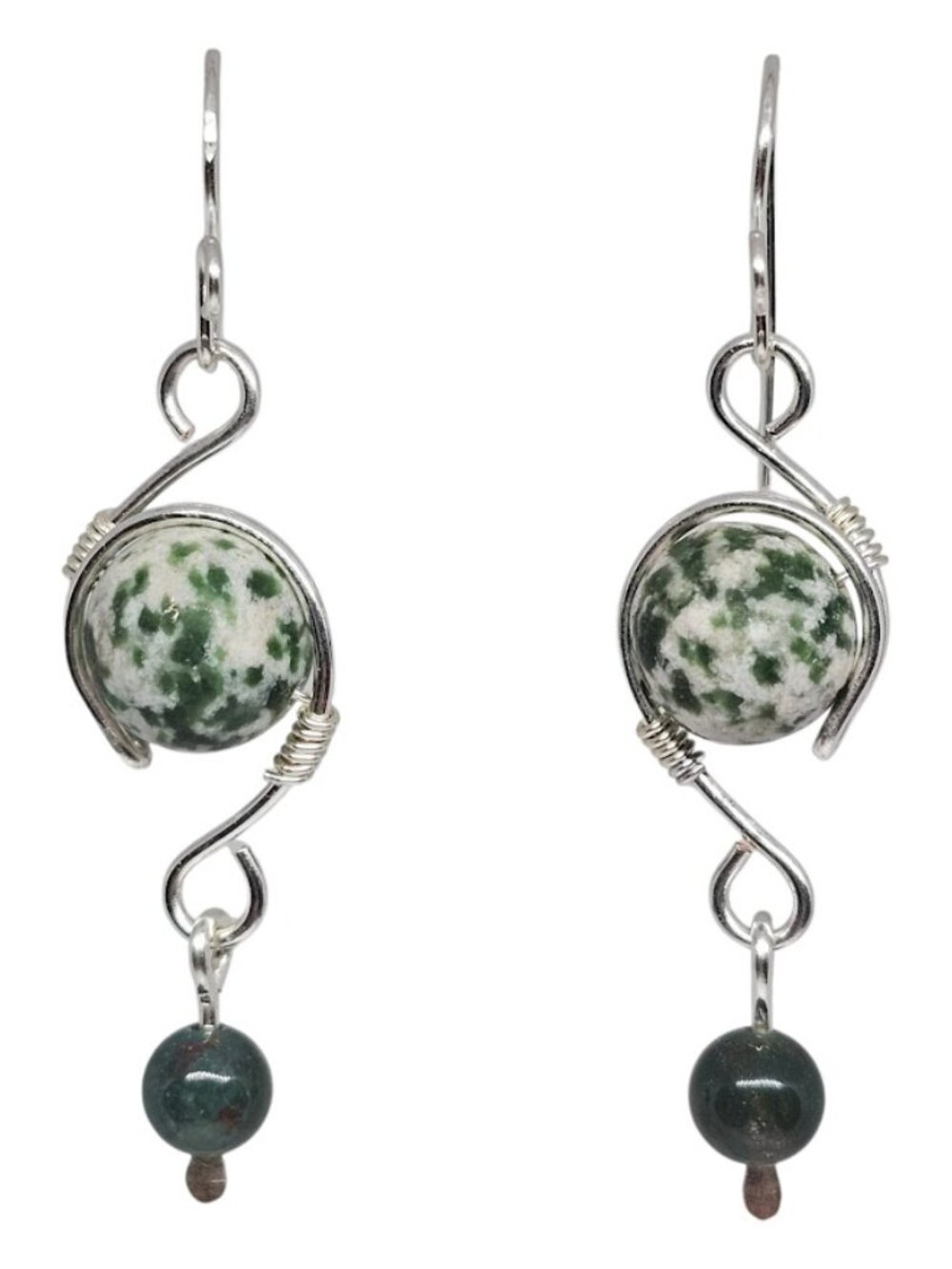 Handmade Green Tree Jasper Gemstone Silver Wire Wrap Dangle Boho Earrings